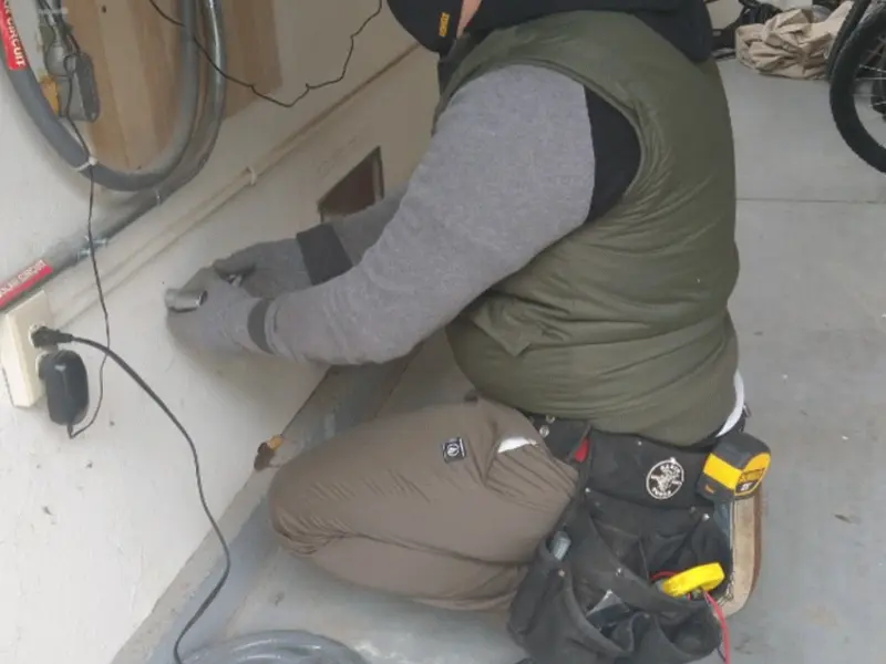 Electrician performing outlet wiring in a Olympia garage